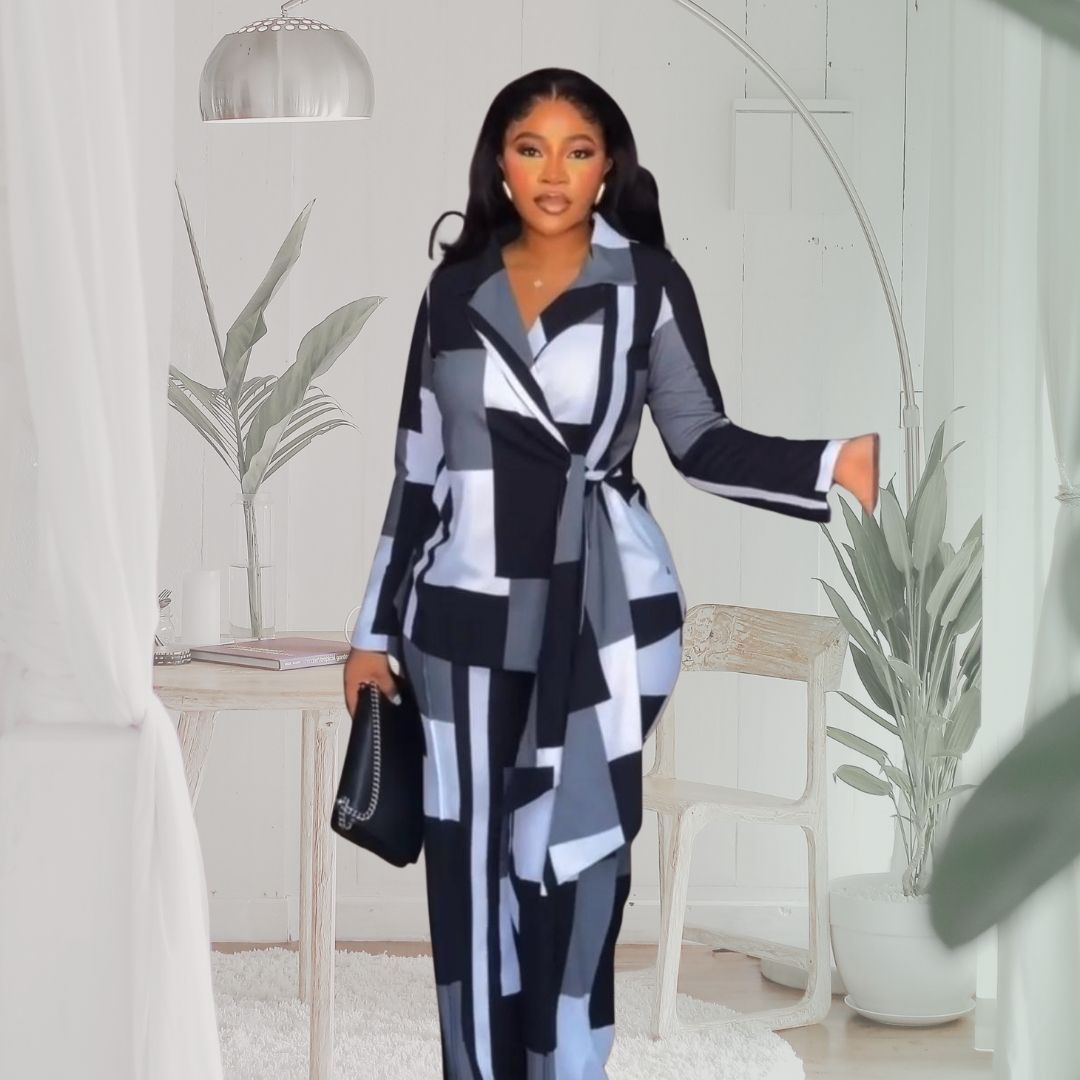 geometric black and grey statement suit