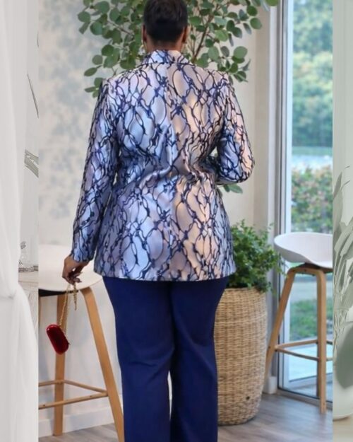 silver blue chain print blazer set