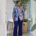 silver blue chain print blazer set