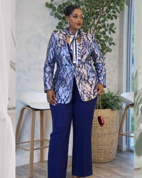 silver blue chain print blazer set