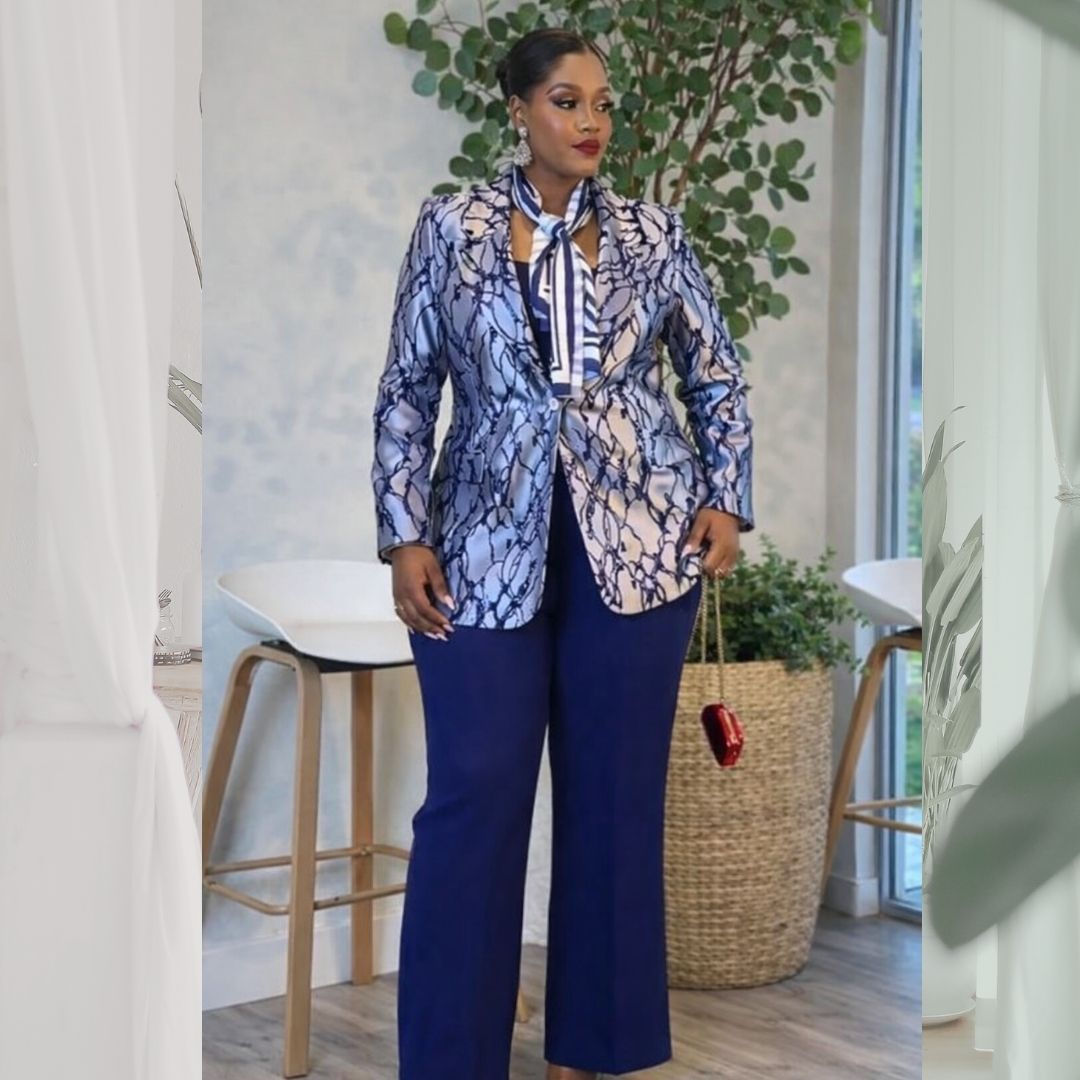 silver blue chain print blazer set