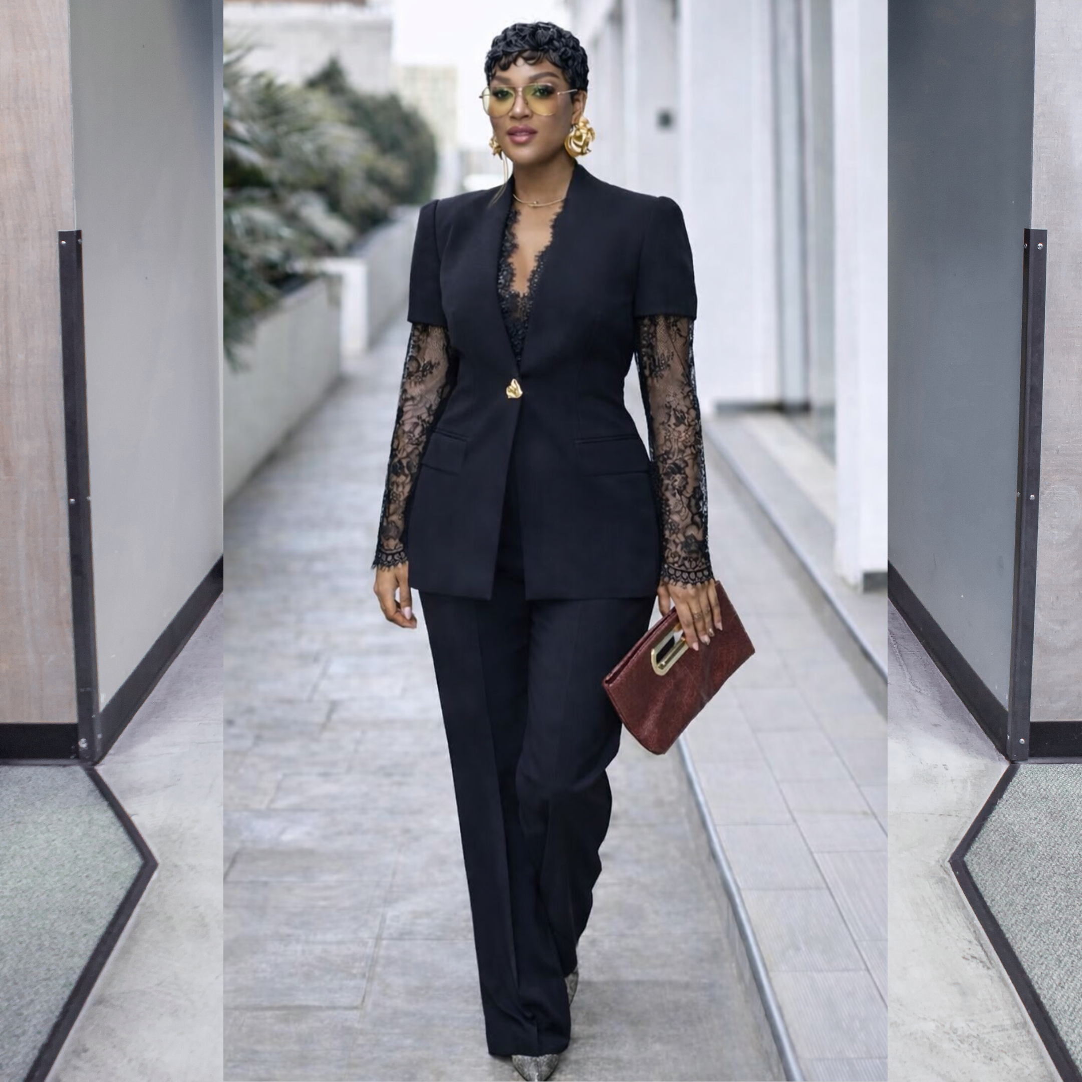 elegant lace sleeve tailored suit set