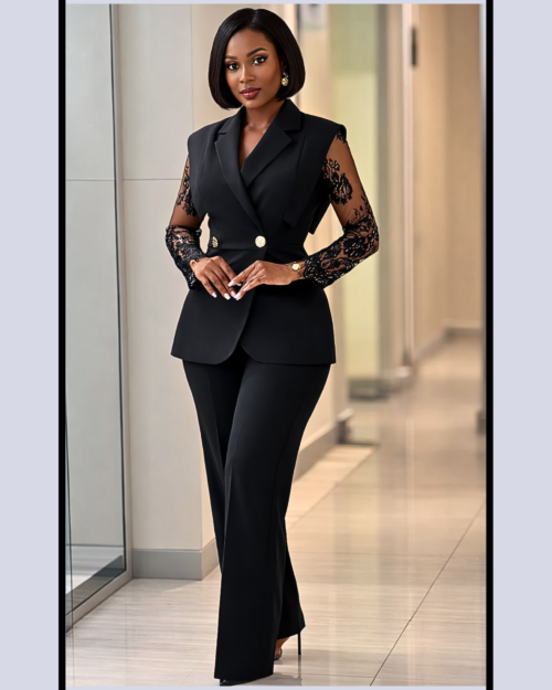elegant lace sleeve tailored power suit
